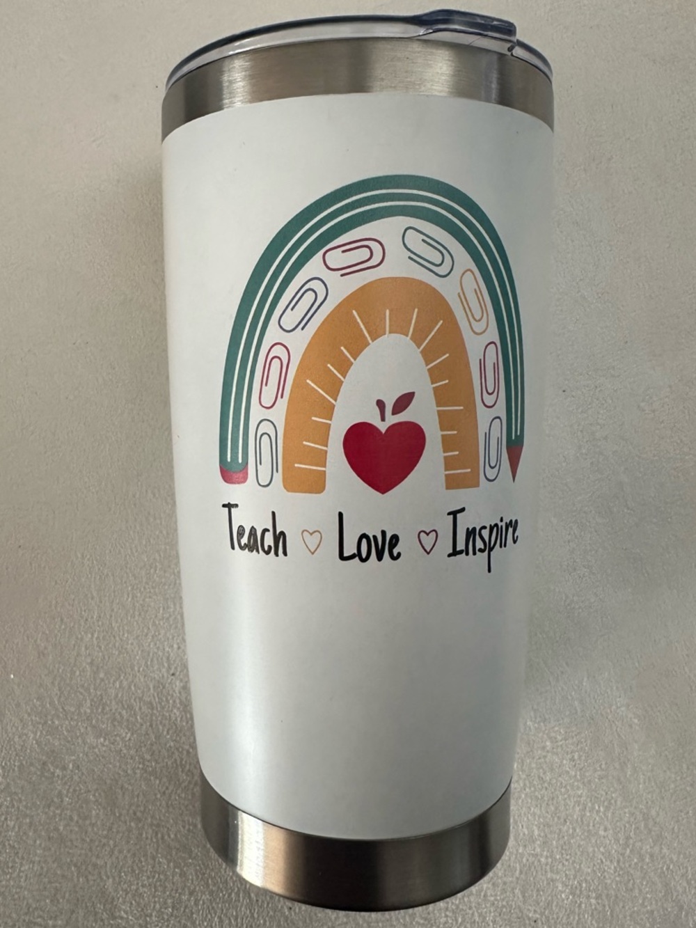 NWOT White Teach Love Inspire Rainbow Travel Stainless Steel Tumbler - Picture 1 of 6